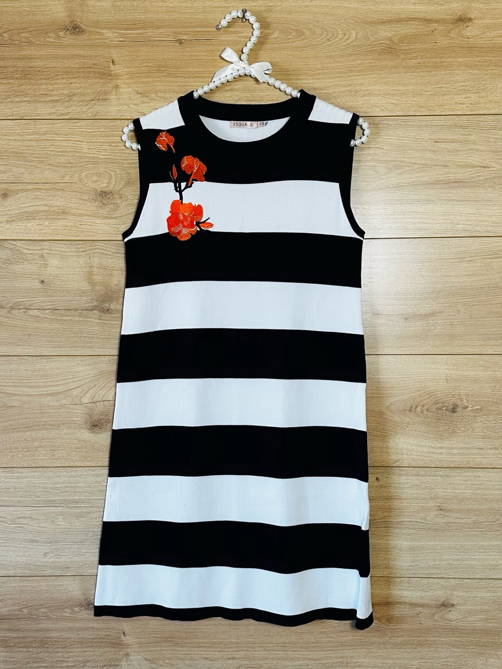 ESQUALO Black and White Striped Sleeveless Dress with Orange Floral Detail
